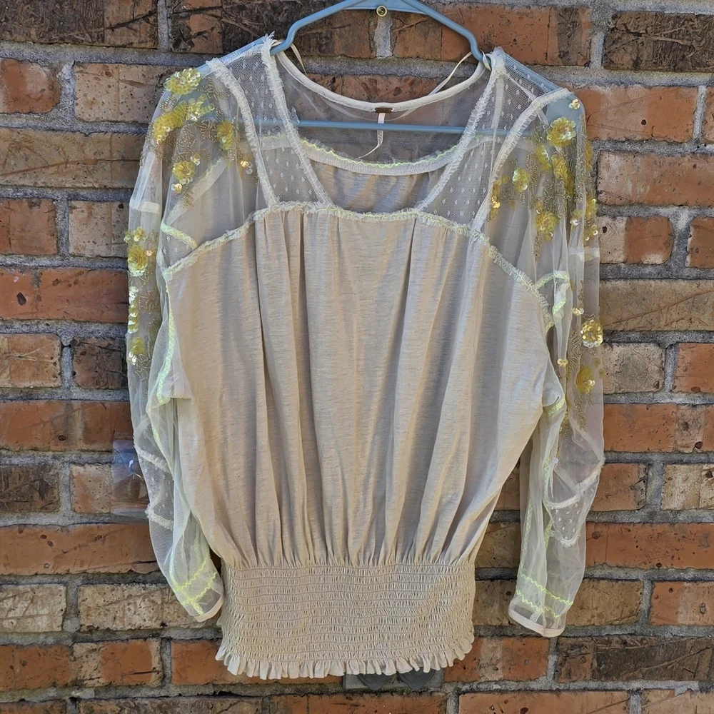 Free People Cream Blouse with Gold Embroidery